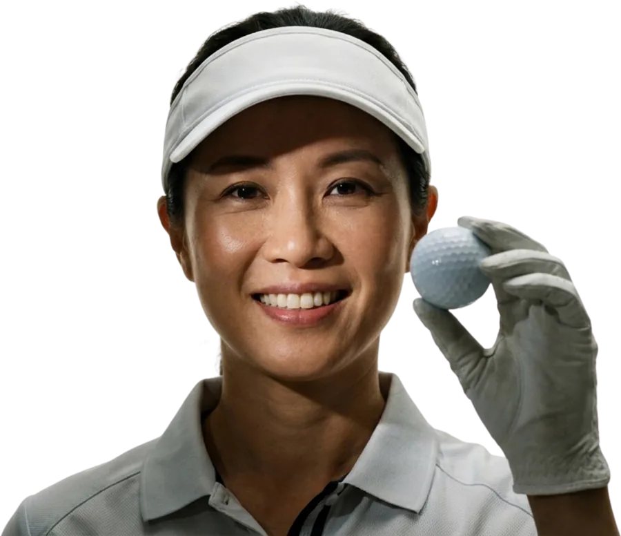 A smiling golfer holding a golf ball