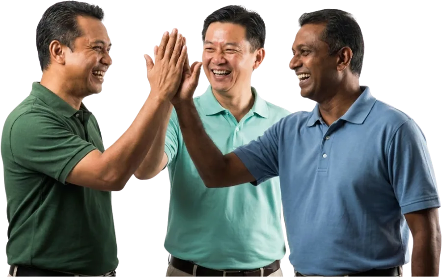 Three golf friends giving a high five