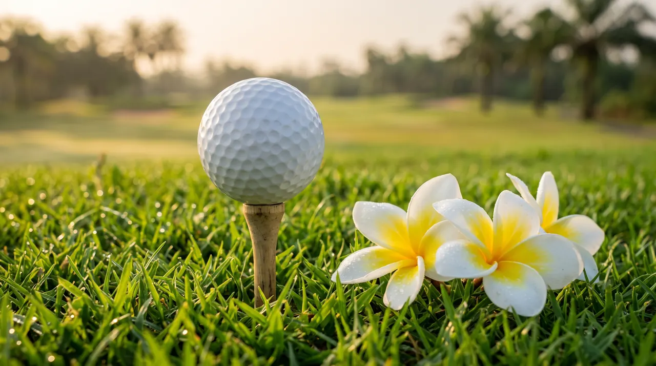 Golf ball and frangipani flowers on a Thai fairway